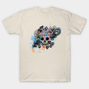 Skull with rose and peacock feathers T-Shirt